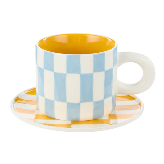 Emporium Check 300ml Mug & Plate Set Blue/orange