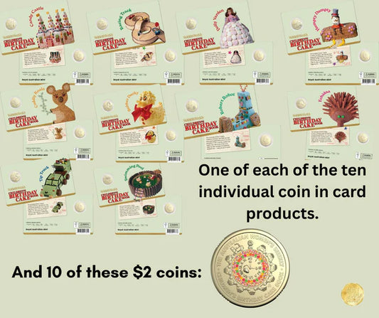 Aww Birthday Cake 2025 $1 Carded Coins Collection - Set 10 Includes 10 X $2 Coloured Coins